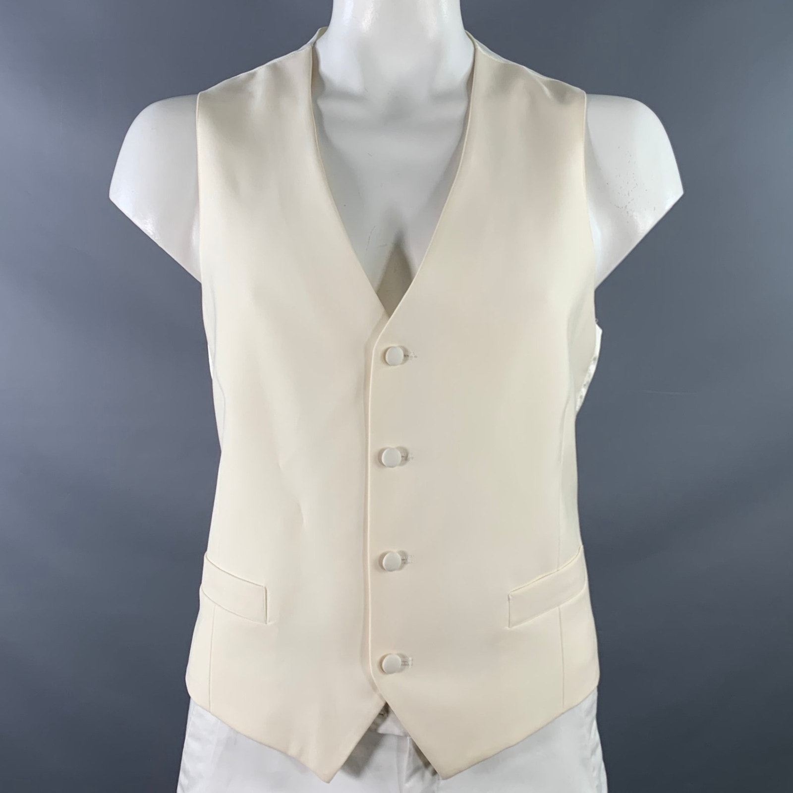 Vintage Size 46 Cream Wool Single Breasted Two Pockets Formal Vest